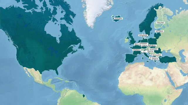  Nato map.Names of NATO countries appear on the map.