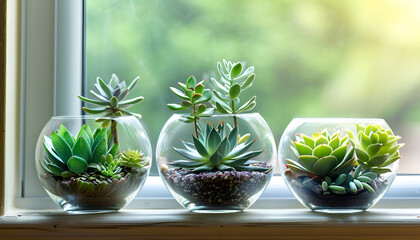 Glass florariums with different succulents on windowsill, space for text