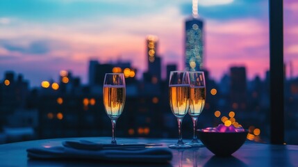 Elegant Rooftop Dinner with Champagne and City View