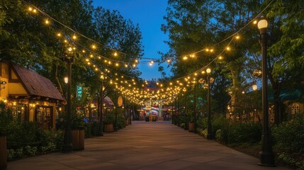 Obraz premium Illuminated Pathway with Twinkling Lights Amidst Lush Trees