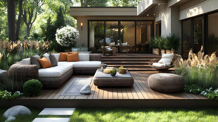 3D Illustration, Cozy Patio Design, Outdoor Living, Suburban Home