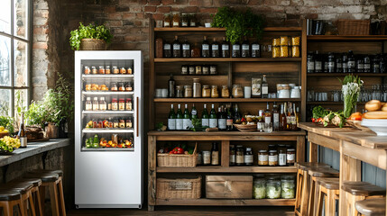 Rustic Kitchen Illustration - Pantry, Refrigerator, Preserves, Produce, and Shelving