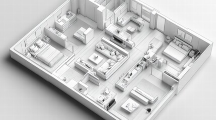 White Sketch Architectural Model of Modern Apartment Interior
