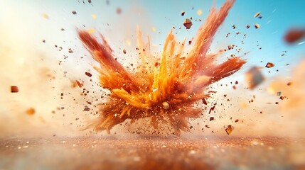 Vibrant Orange Powder Explosion: Dynamic 3D Render in a Dusty Landscape. AI Generated