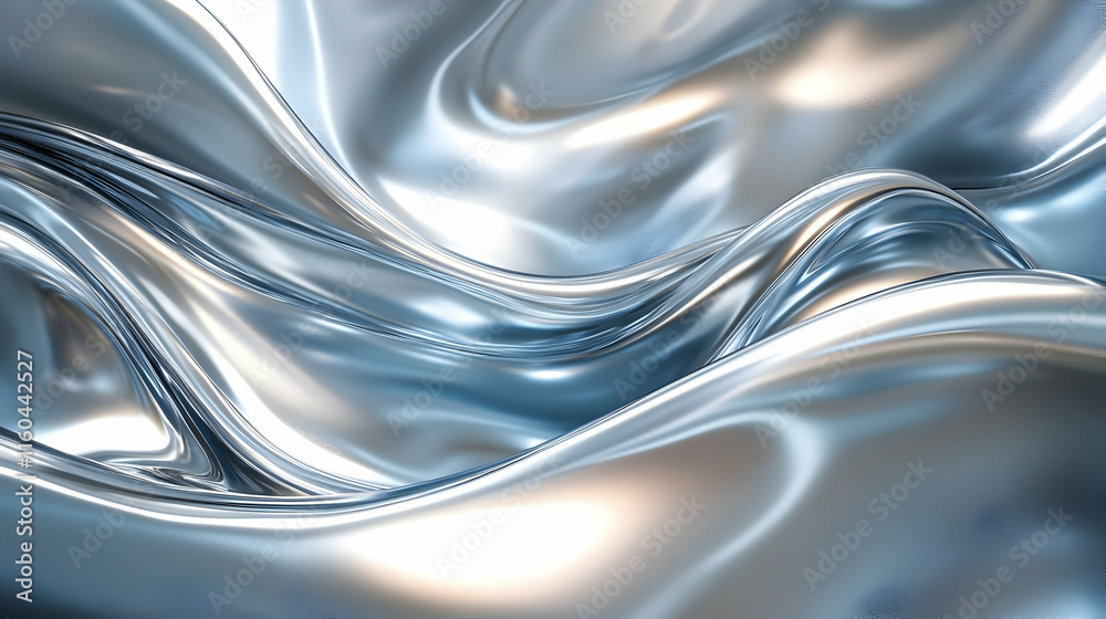 Poster a smooth, reflective surface with flowing metallic waves creating a dynamic visual effect.