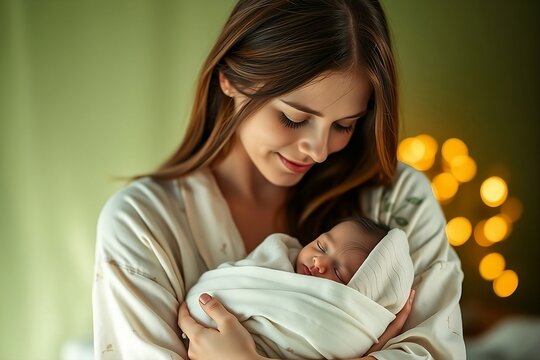  A cute baby cuddled in the care and love of a mother.