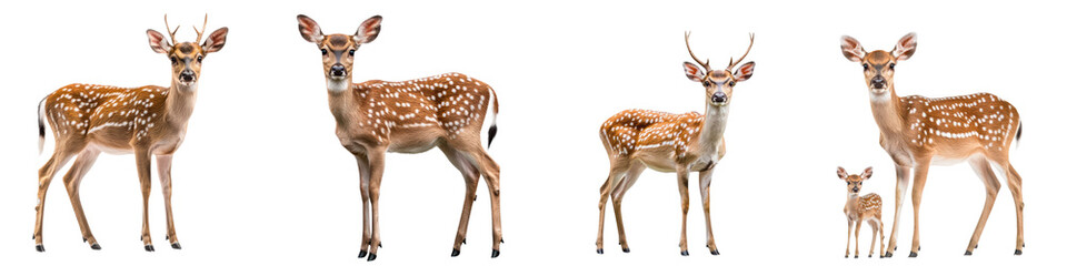 Fototapeta premium Visayan spotted deer standing in various poses, showcasing their unique features and beauty, isolated on transparent background.