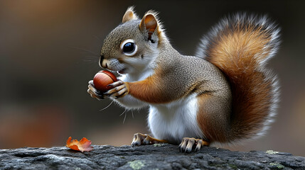 Fototapeta premium Realistic Photo Adorable Squirrel Eating Nut on Rock