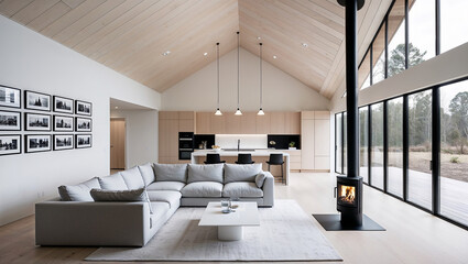Modern open plan living room with vaulted ceiling and fireplace