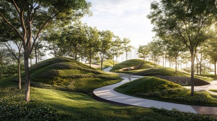 Fototapeta premium Serene Landscape with Curved Pathways and Lush Greenery at Dawn