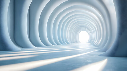 Obraz premium A serene, illuminated tunnel with smooth, curved walls leading to a bright exit.