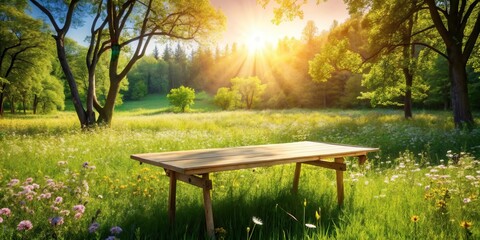 Naklejka premium Serene Meadow Picnic Table at Sunrise A Wooden Table in a Lush Field of Wildflowers Bathed in Golden Sunlight