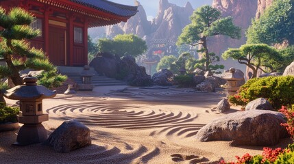 Serene Japanese Garden with Sand Patterns and Traditional Architecture