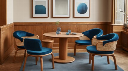 Modern Dining Area with Blue Velvet Chairs and Wooden Table