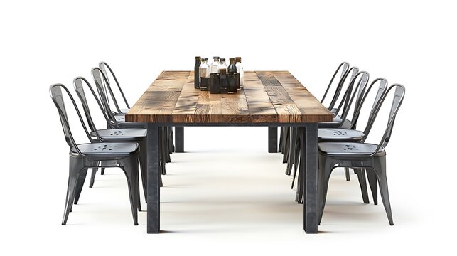 A long wooden table with a silver metal chair at each end