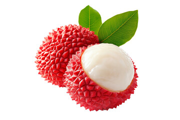 Juicy lychee fruit with red skin, white flesh and green leaves isolated on white transparent background, concept of tropical fruit