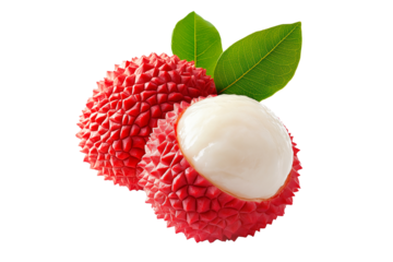 Juicy lychee fruit with red skin, white flesh and green leaves isolated on white transparent background, concept of tropical fruit