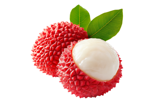 Juicy lychee fruit with red skin, white flesh and green leaves isolated on white transparent background, concept of tropical fruit