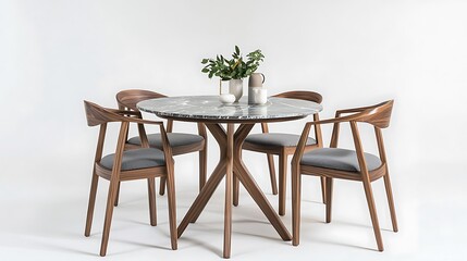 A wooden table with four chairs around it and a vase of flowers on it