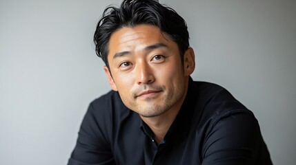 Fototapeta premium Close-up Photo: Pensive Man Posing Elegantly Against Neutral Background. AI Generated