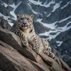 Obraz premium A snow leopard resting on a rocky mountain ledge.
