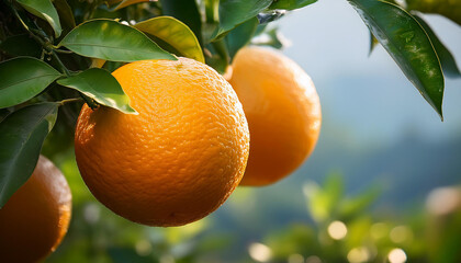 Ripe oranges hanging on a tree.