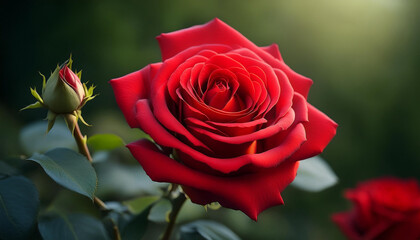 Fototapeta premium A vibrant red rose in full bloom, with a velvety texture and elegantly curled petals.