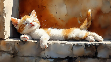 Fototapeta na wymiar Illustration of Cute Kitten, Sleeping Cat, Adorable Pet, Sunlight, Relaxation, Animal, Wall Background, Orange and White Cat