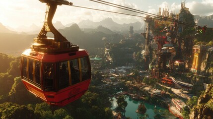 Obraz premium Scenic View from a Cable Car Over Lush Green Mountains and Cityscape