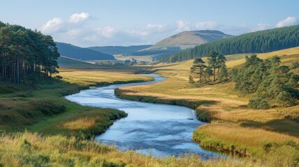 Fototapeta premium Serpentine river meandering through a valley.