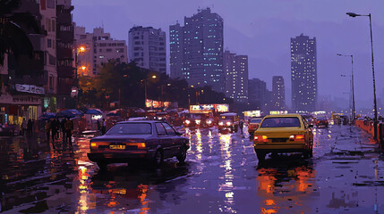 Fototapeta premium pixel art Rainy Mumbai cityscapes dusk glowing streetlight reflection wet street taxi bustling urban life vibrant 8-bit style atmospheric dynamic visual wallpaper poster illustration south asia post