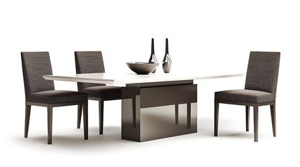 A table with four chairs and two vases on it