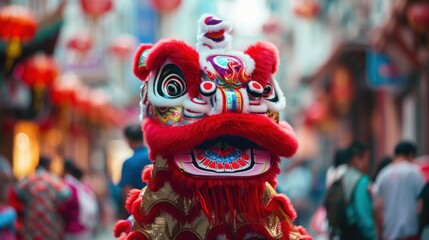 Obraz premium Vibrant red lion dance in Asian street with hanging lanterns.