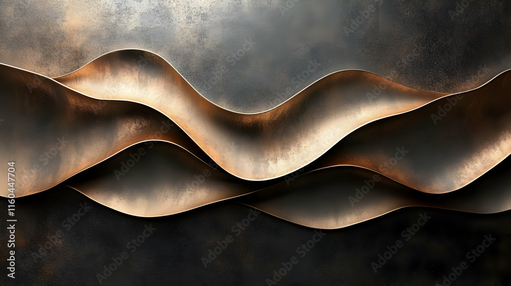 Poster abstract metallic waves create a dynamic, textured background with a warm color palette.