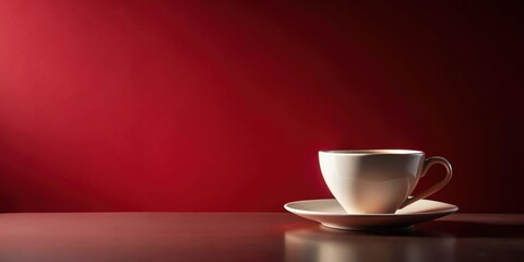 Fototapeta premium A solitary cup of coffee rests on a saucer, elegantly positioned against a deep crimson backdrop, creating a scene of quiet contemplation and warm beverage enjoyment.