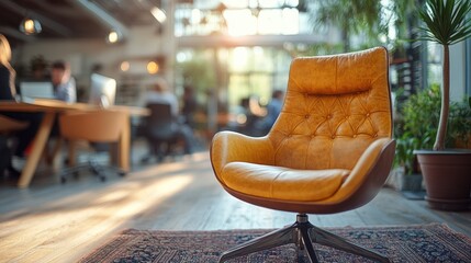 A stylish leather chair in a bright, airy office with modern design elements and natural lighting.