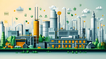 A modern industrial cityscape with green elements and sustainability icons.