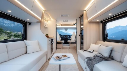 A spacious motorhome with openplan living areas and floortoceiling panoramic windows