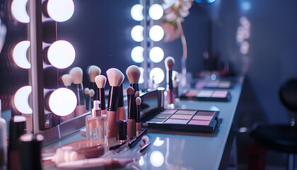 Woman applying makeup at dressing table, closeup