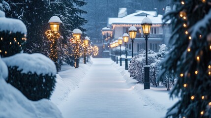 Serene Winter Pathway Adorned With Snow and Warm Glow of Lanterns