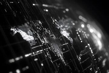 Fototapeta premium Monochrome World Map: Digital Networks and Glowing Connections, Abstract Visualization.