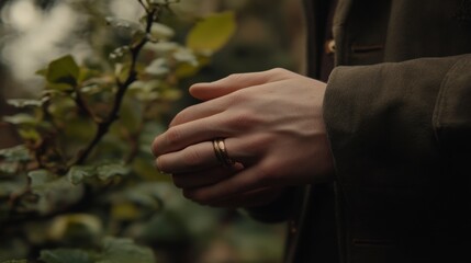 Close-Up of Hands with Wedding Rings Intertwined Among Greenery During a Serene Moment in Nature's Embrace, Capturing Emotion and Connection in a Natural Setting