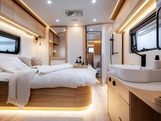 Fototapeta premium A modern motorhome with underfloor heating and a spainspired bathroom