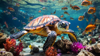Obraz premium Sea Turtle Surrounded by Colorful Fish: A Generative AI Artwork of Marine Life