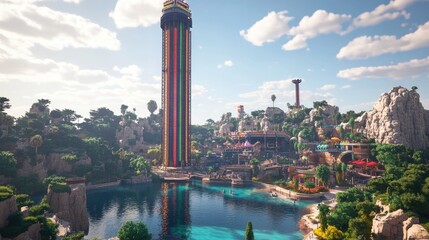 Obraz premium Thrilling Amusement Park Landscape with Tower and Pool Area