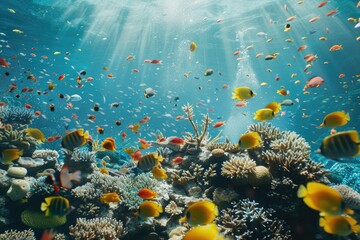 Naklejka premium Colorful tropical fish in coral reef aquarium exhibit.