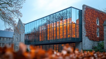 Modern glass extension with vibrant autumn leaves on historic stone building creates stunning contrast.