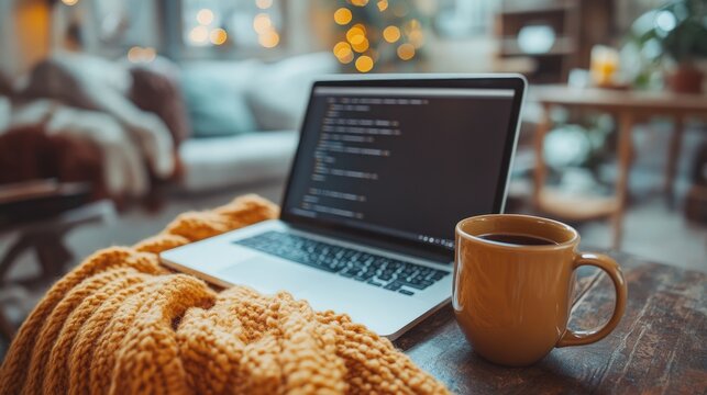 A laptop displaying code sits next to a coffee mug in a cozy setting with warm, glowing lighting.
