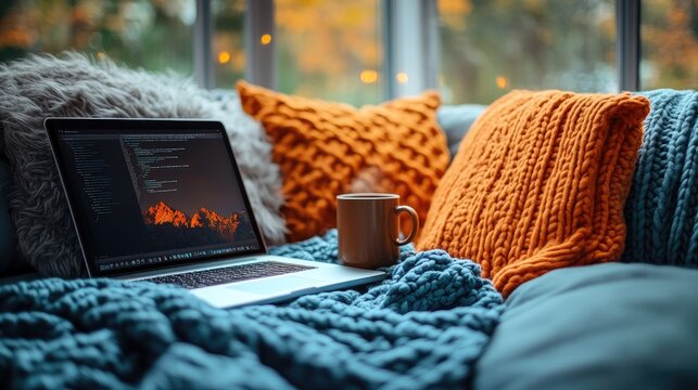 A laptop displaying code sits among knitted pillows and a mug at home, exuding warmth and comfort.