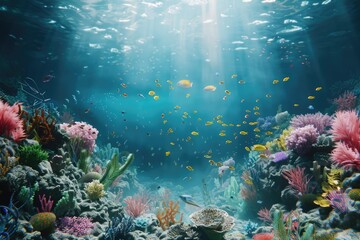 Naklejka premium Underwater Diving Tropical Scene With Sea Life In The Reef